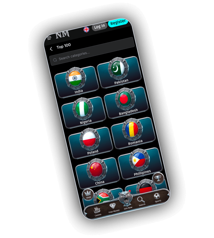 NorseMania mobile screen with the Top 100 games grouped by country flags