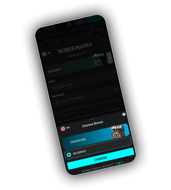 NorseMania registration form with bonus choice, promo code and No bonus option