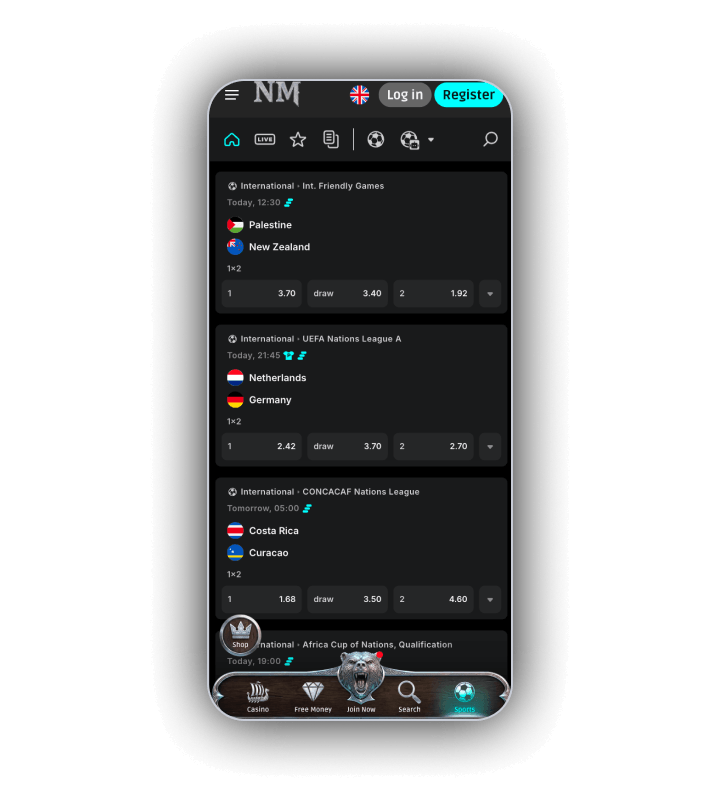 NorseMania sportsbook with international football fixtures and 1X2 prices